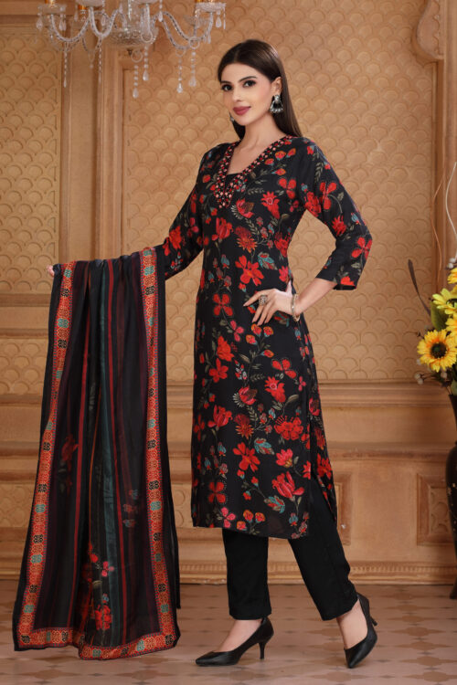 Floral Printed With Neck Embroidery Kurta Set