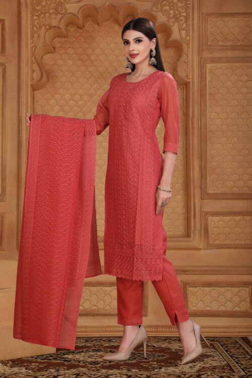 Hakoba Embroidered Work Kurta With Trousers & Dupatta