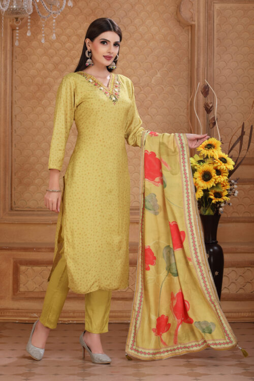 Floral Embroidered Thread Work Kurta With Trousers & Dupatta